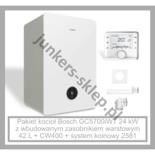 PAKIET - BOSCH GC5700iWT z wbudowanym zasobnikiem warstwowym c.w.u. o poj. 42 l, ze stali nierdzewnej   +  CW400  +  system kominowy 2581
