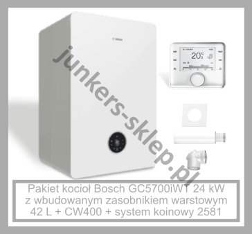 PAKIET - BOSCH GC5700iWT z wbudowanym zasobnikiem warstwowym c.w.u. o poj. 42 l, ze stali nierdzewnej  + CW400 + system kominowy 2581