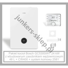 PAKIET BOSCH - GC5300iWT z wbudowanym zasobnikiem wężownicowym c.w.u. z wężownicą, o poj. 48 l ze stali nierdzewnej  +  CW400  +  system kominowy 2581