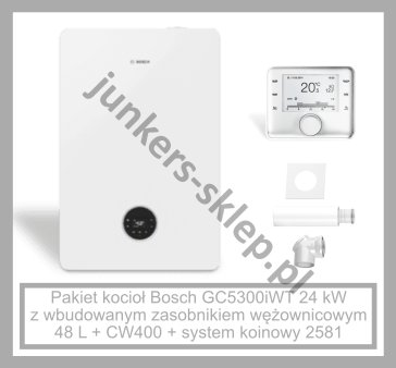 PAKIET BOSCH - GC5300iWT z wbudowanym zasobnikiem wężownicowym c.w.u. z wężownicą, o poj. 48 l ze stali nierdzewnej + CW400 + system kominowy 2581